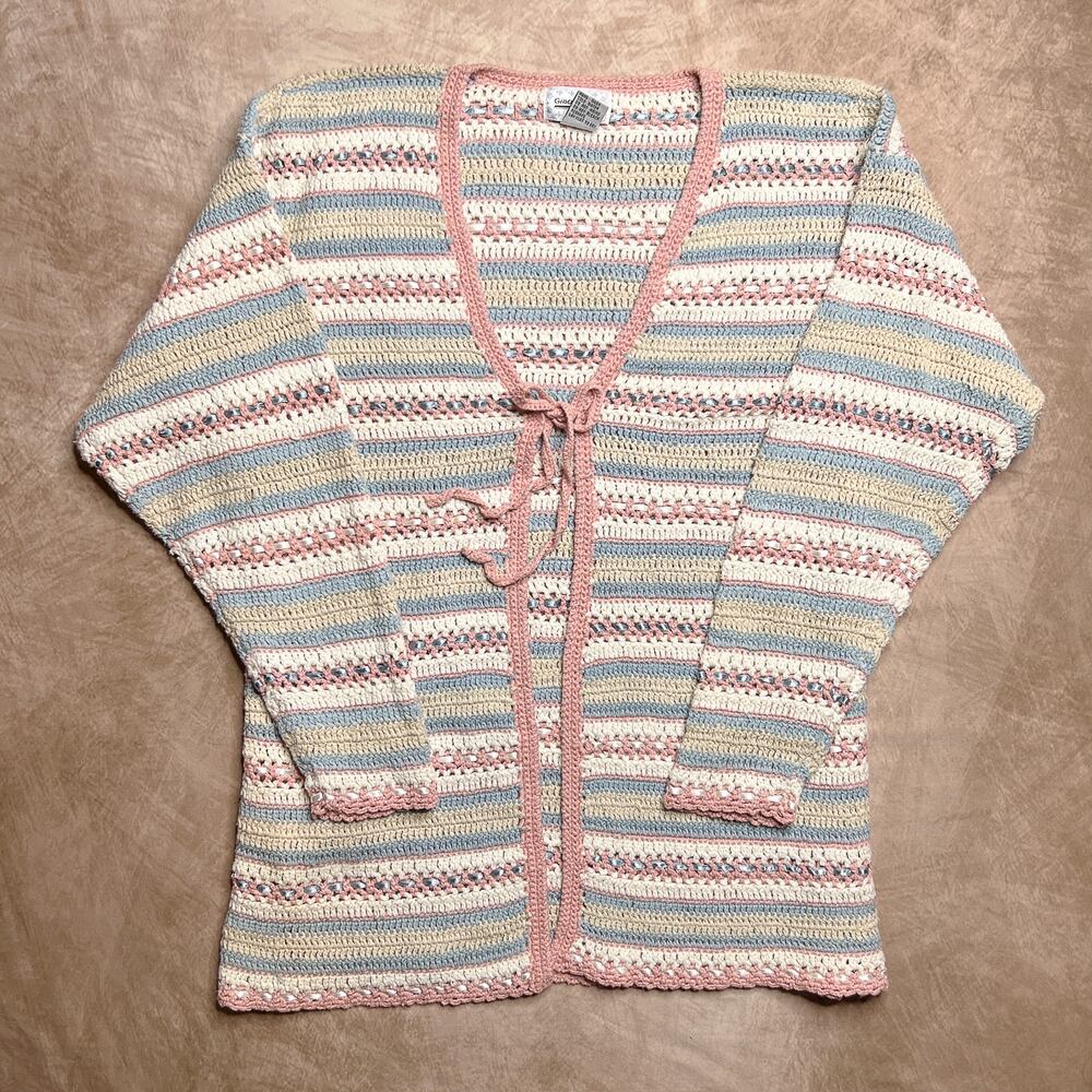 Vintage 90s Gina Peters Open Front Cardigan Knit Multicolor Pastel Coquette Bow